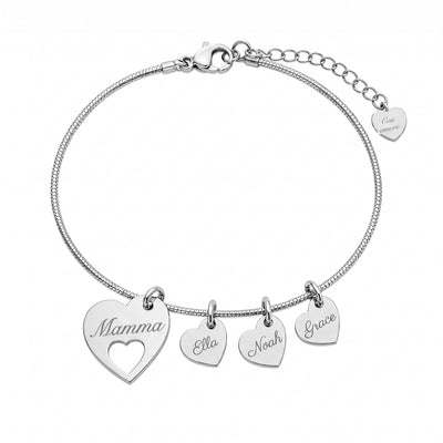 Bracciale argentato a cuori con “Mamma” e i nomi dei figli